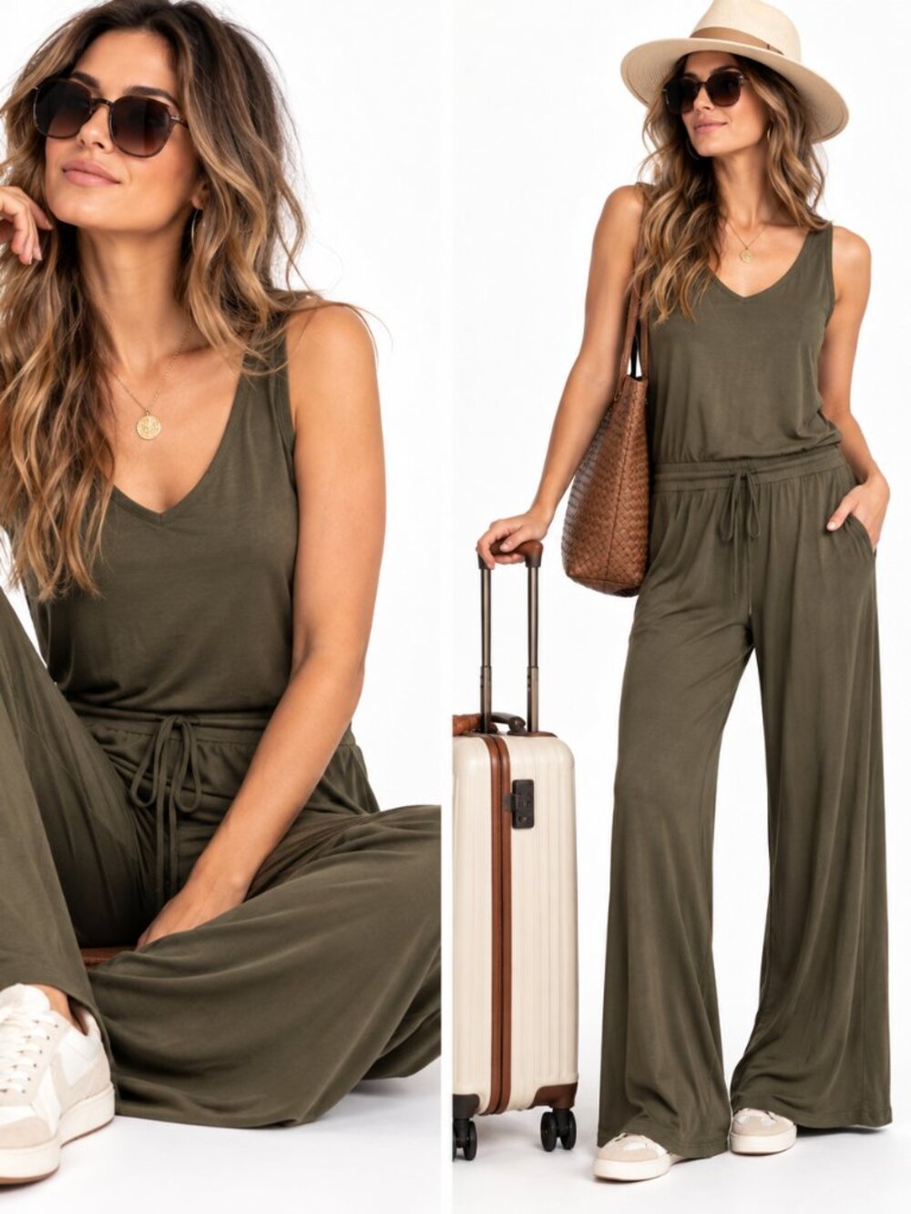 Michael Stars Jumpsuit Womens S Olive‎ Wide Leg Drawstring Tank Travel USA Boho